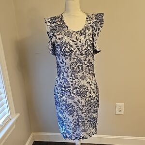 Floral Lace Ruffle Sleeve Dress - Blue
